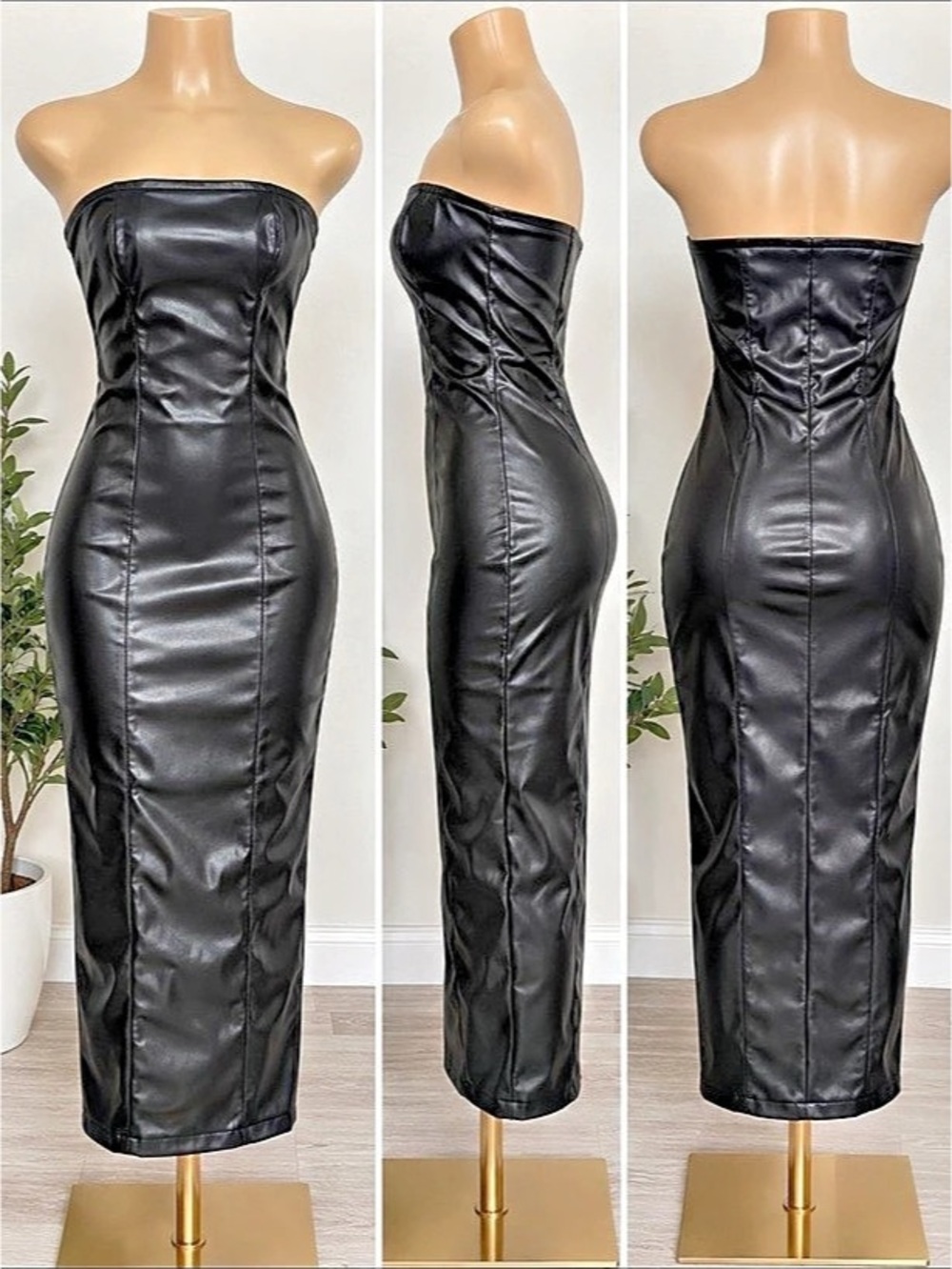 FAHSYEE Bodycon Faux Leather Dress - Black Strapless Tube Top Midi Length Faux